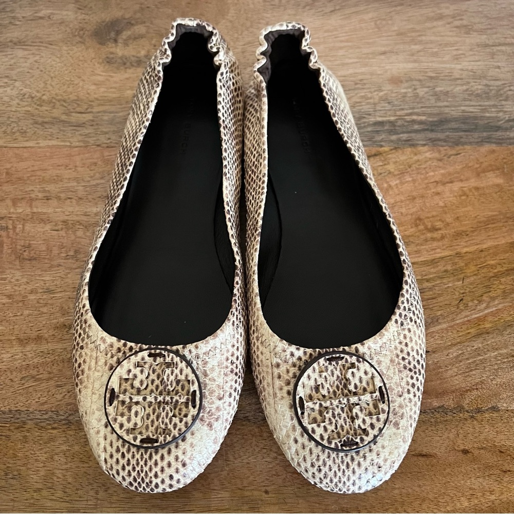 TORY BURCH Minnie Snake embossed Leather Travel Ballet Flat Cream Size 8.5 M